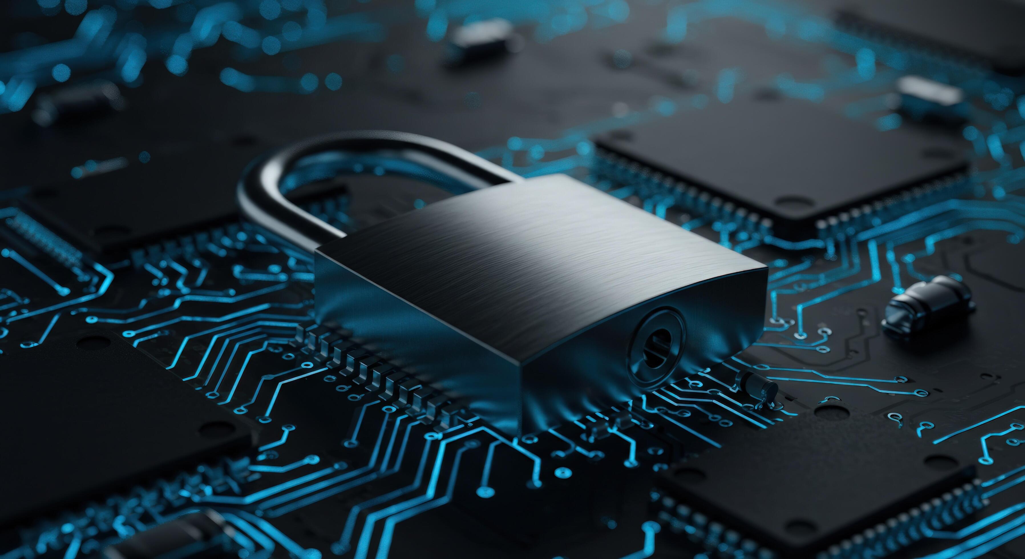 Cyber security lock on circuit board technology concept